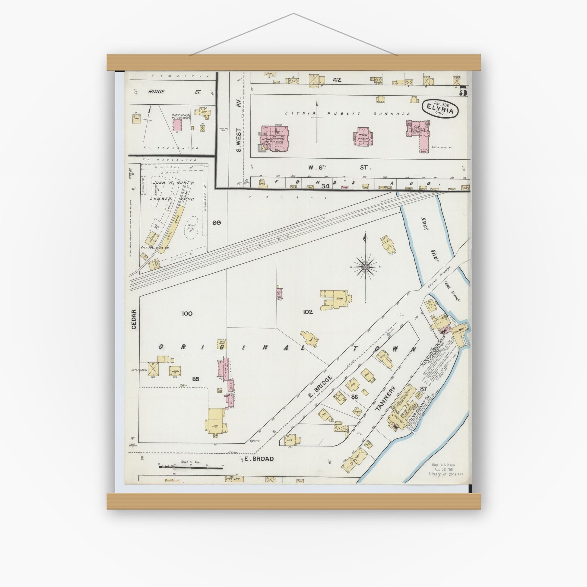 Old map wall art mockup — magnetic wood frame on white wall — Sanborn Fire Insurance Map from Elyria, Lorain County, Ohio (1888), Sheet #0005