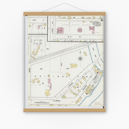Old map wall art mockup — magnetic wood frame on white wall — Sanborn Fire Insurance Map from Elyria, Lorain County, Ohio (1888), Sheet #0005