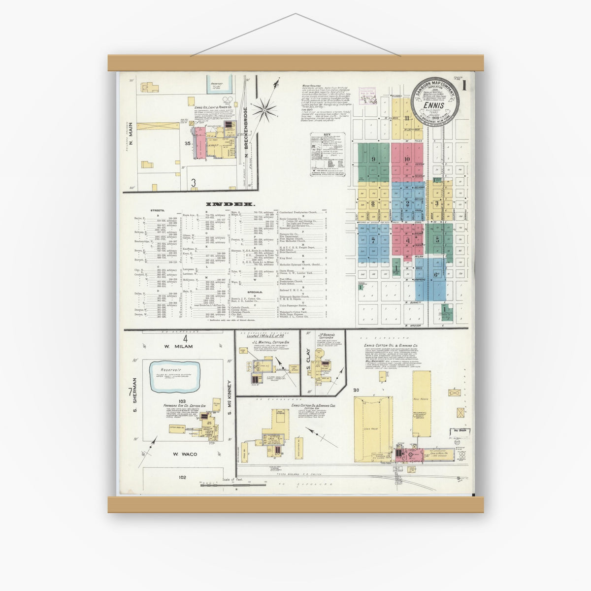 Old map wall art mockup — magnetic wood frame on white wall — Sanborn Fire Insurance Map from Ennis, Ellis County, Texas (1909) - Complete Map Set