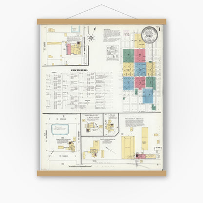 Old map wall art mockup — magnetic wood frame on white wall — Sanborn Fire Insurance Map from Ennis, Ellis County, Texas (1909) - Complete Map Set