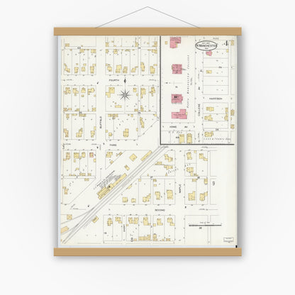 Old map wall art mockup — magnetic wood frame on white wall — Sanborn Fire Insurance Map from North Manchester, Wabash County, Indiana (1907), Sheet #0004