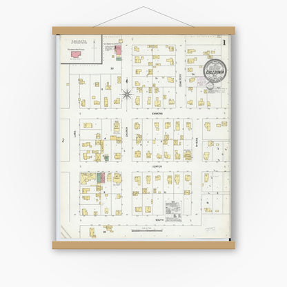 Old map wall art mockup — magnetic wood frame on white wall — Sanborn Fire Insurance Map from Caledonia, Kent County, Michigan (1902), Sheet #0001