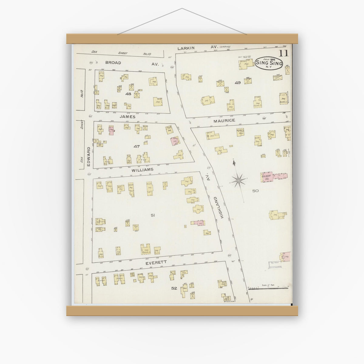 Old map wall art mockup — magnetic wood frame on white wall — Sanborn Fire Insurance Map from Sing Sing, Westchester County, New York (1886), Sheet #0011
