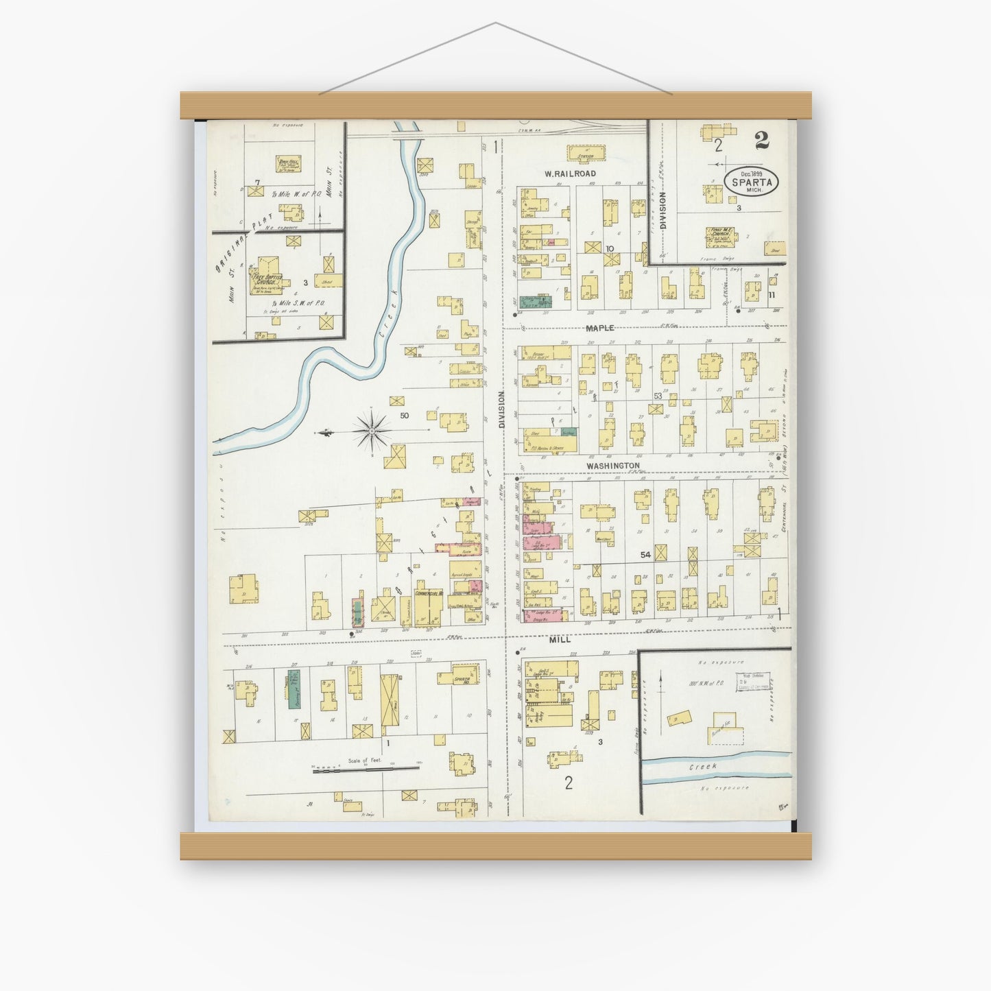 Old map wall art mockup — magnetic wood frame on white wall — Sanborn Fire Insurance Map from Sparta, Kent County, Michigan (1899), Sheet #0002