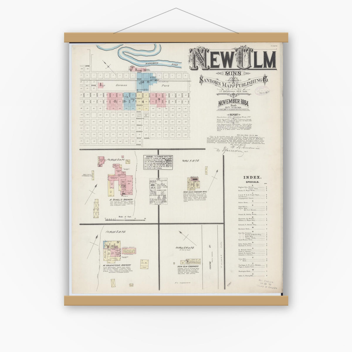 Old map wall art mockup — magnetic wood frame on white wall — Sanborn Fire Insurance Map from New Ulm, Brown County, Minnesota (1884) - Complete Map Set