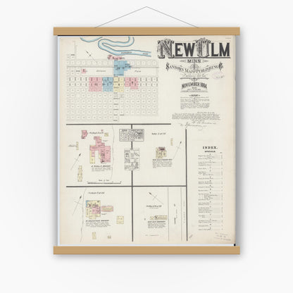 Old map wall art mockup — magnetic wood frame on white wall — Sanborn Fire Insurance Map from New Ulm, Brown County, Minnesota (1884) - Complete Map Set