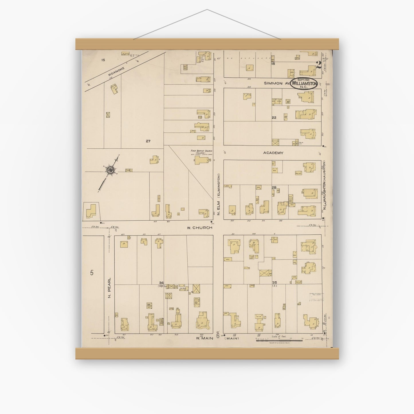 Old map wall art mockup — magnetic wood frame on white wall — Sanborn Fire Insurance Map from Williamston, Martin County, North Carolina (1921), Sheet #0002