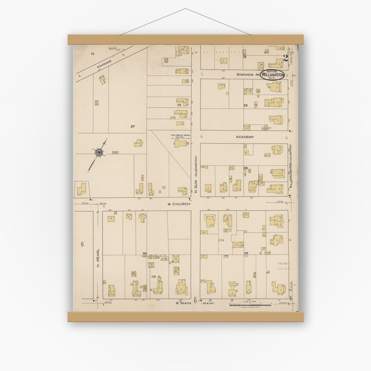 Old map wall art mockup — magnetic wood frame on white wall — Sanborn Fire Insurance Map from Williamston, Martin County, North Carolina (1921), Sheet #0002