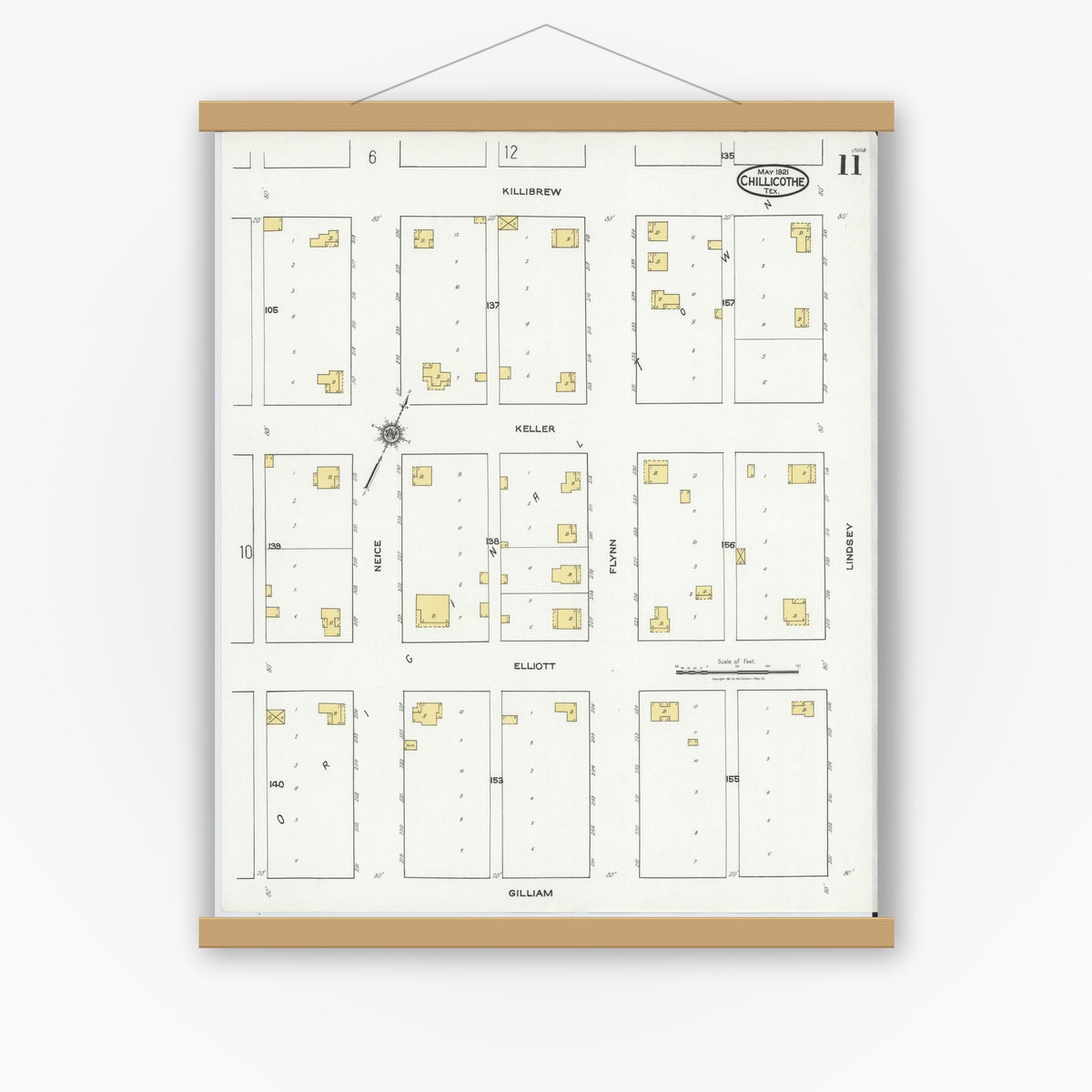 Old map wall art mockup — magnetic wood frame on white wall — Sanborn Fire Insurance Map from Chillicothe, Hardeman County, Texas (1921), Sheet #0011