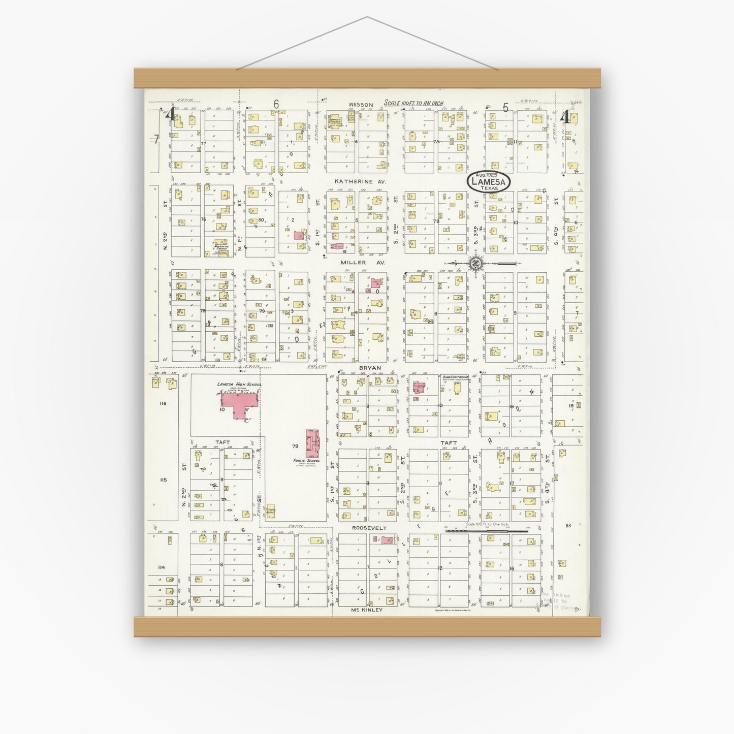Old map wall art mockup — magnetic wood frame on white wall — Sanborn Fire Insurance Map from Lamesa, Dawson County, Texas (1925), Sheet #0004