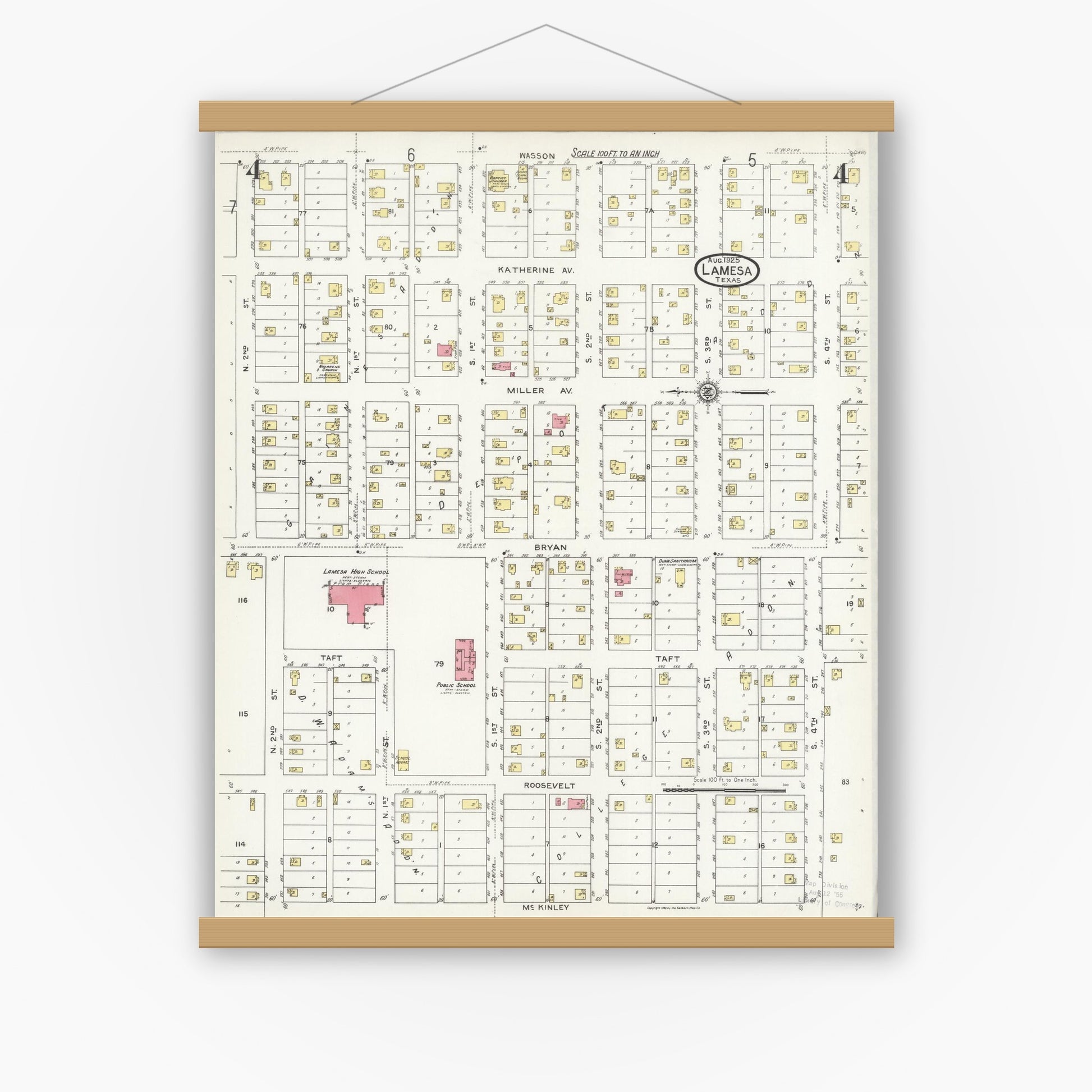 Old map wall art mockup — magnetic wood frame on white wall — Sanborn Fire Insurance Map from Lamesa, Dawson County, Texas (1925), Sheet #0004