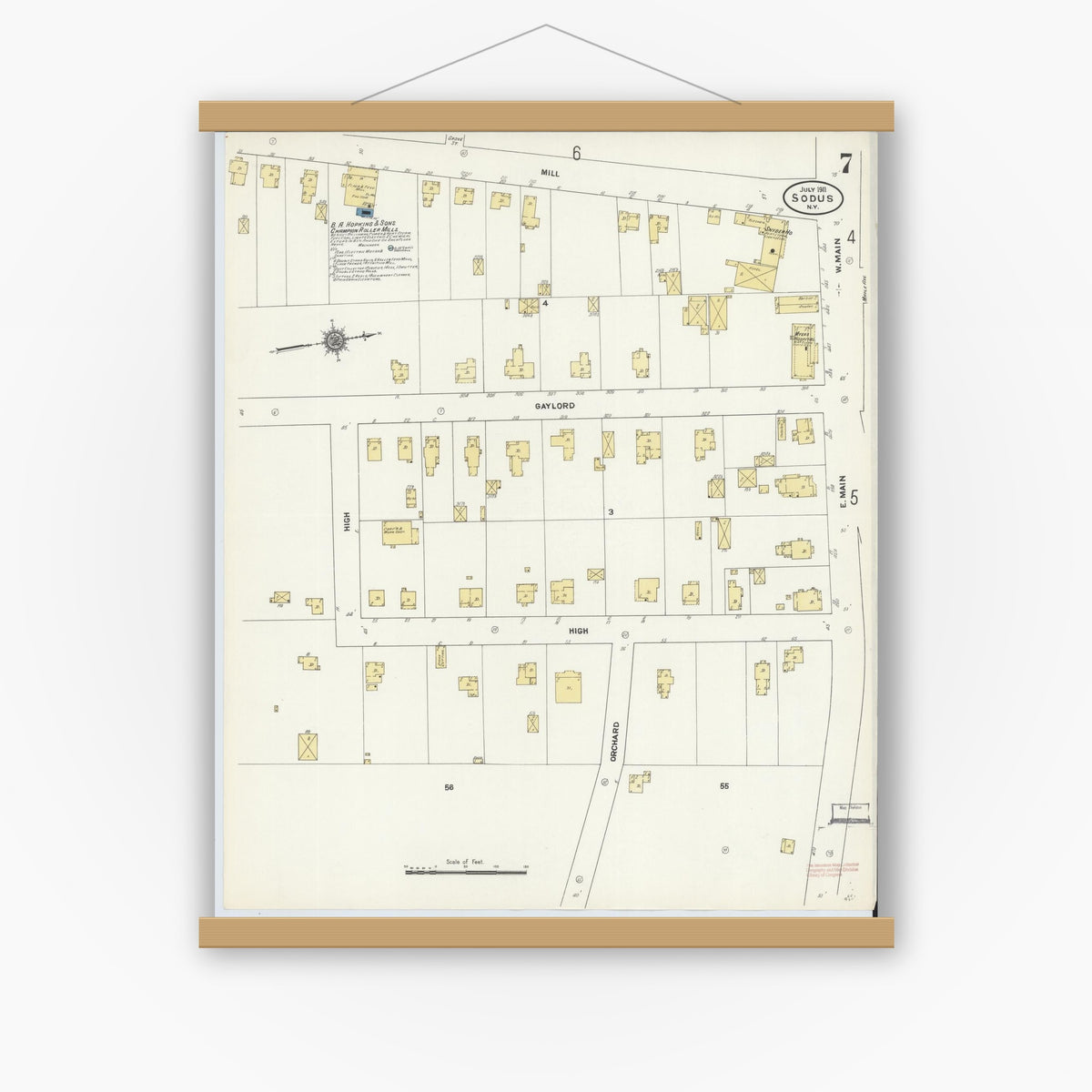 Old map wall art mockup — magnetic wood frame on white wall — Sanborn Fire Insurance Map from Sodus, Wayne County, New York (1911), Sheet #0007