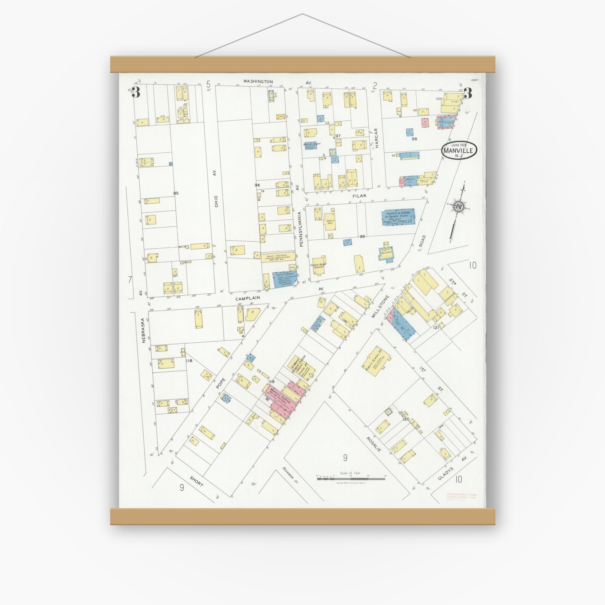 Old map wall art mockup — magnetic wood frame on white wall — Sanborn Fire Insurance Map from Manville, Somerset County, New Jersey (1928), Sheet #0003