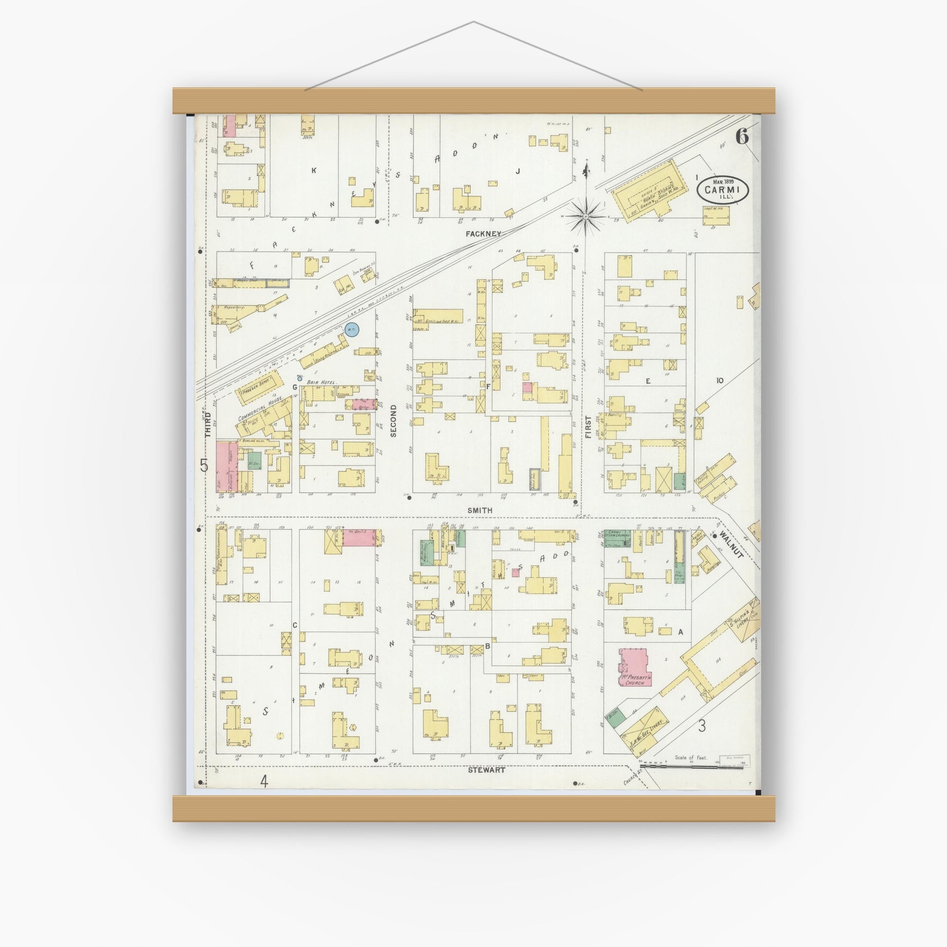 Old map wall art mockup — magnetic wood frame on white wall — Sanborn Fire Insurance Map from Carmi, White County, Illinois (1899), Sheet #0006