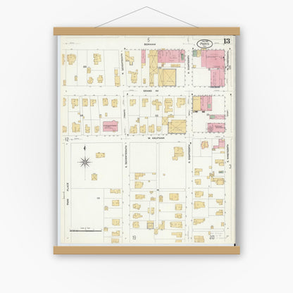 Old map wall art mockup — magnetic wood frame on white wall — Sanborn Fire Insurance Map from Paris, Lamar County, Texas (1908), Sheet #0013