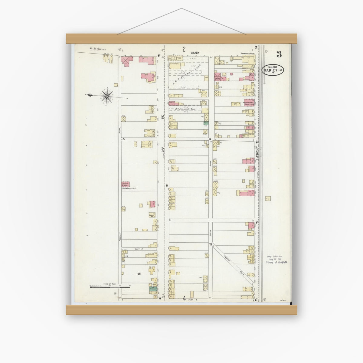 Old map wall art mockup — magnetic wood frame on white wall — Sanborn Fire Insurance Map from Marietta, Lancaster County, Pennsylvania (1904), Sheet #0003
