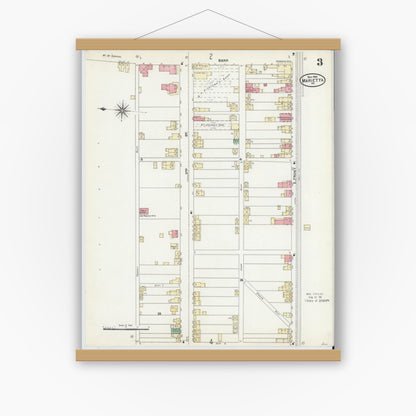 Old map wall art mockup — magnetic wood frame on white wall — Sanborn Fire Insurance Map from Marietta, Lancaster County, Pennsylvania (1904), Sheet #0003