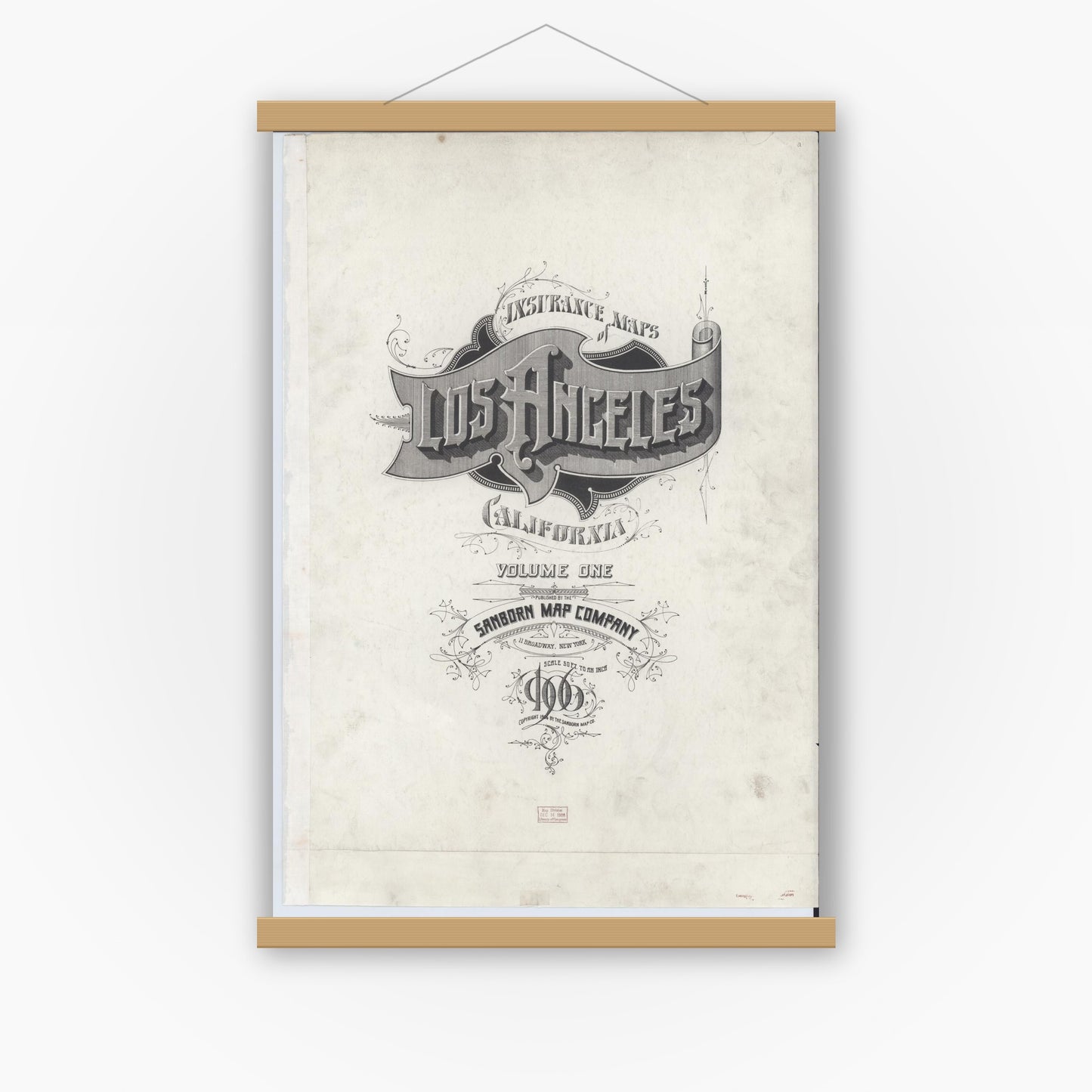 Old map wall art mockup — magnetic wood frame on white wall — Sanborn Fire Insurance Map from Los Angeles, Los Angeles County, California (1906), Sheet #0001