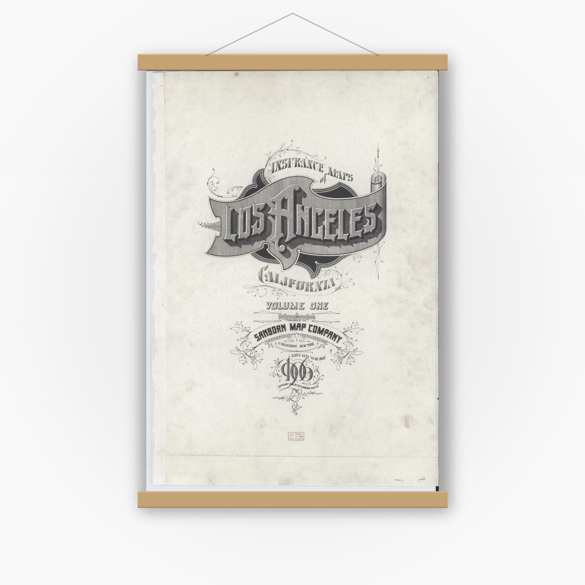 Old map wall art mockup — magnetic wood frame on white wall — Sanborn Fire Insurance Map from Los Angeles, Los Angeles County, California (1906), Sheet #0001