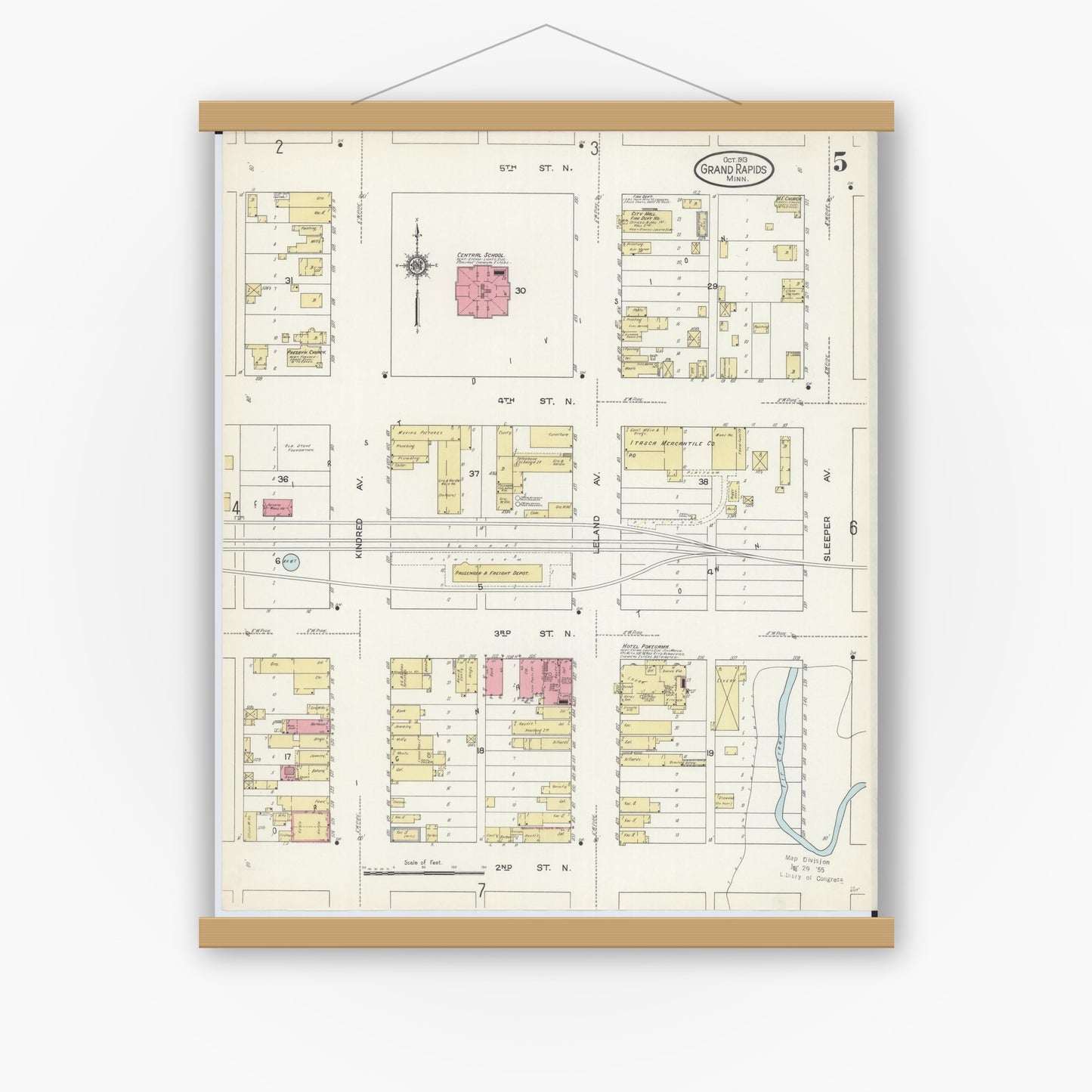 Old map wall art mockup — magnetic wood frame on white wall — Sanborn Fire Insurance Map from Grand Rapids, Itasca County, Minnesota (1913), Sheet #0005