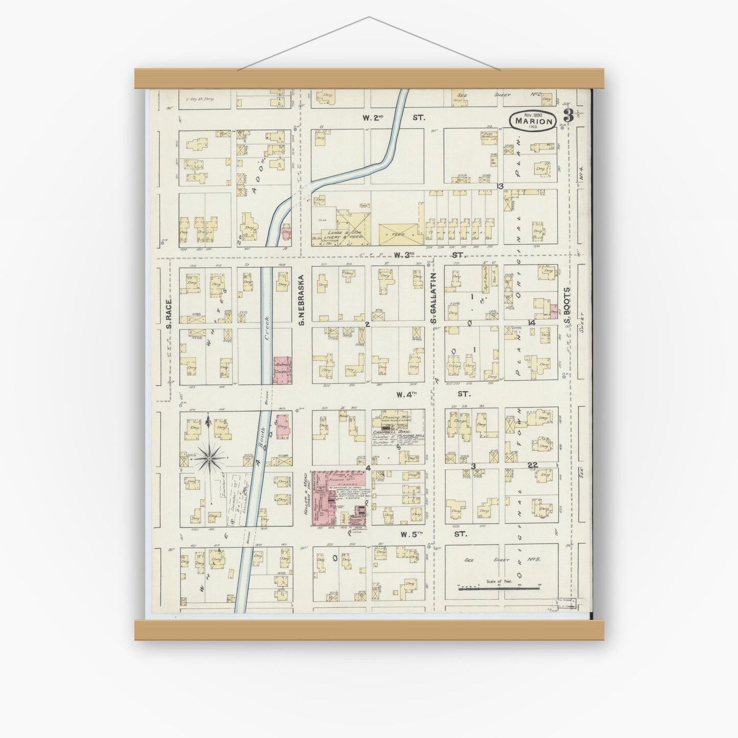 Old map wall art mockup — magnetic wood frame on white wall — Sanborn Fire Insurance Map from Marion, Grant County, Indiana (1890), Sheet #0003
