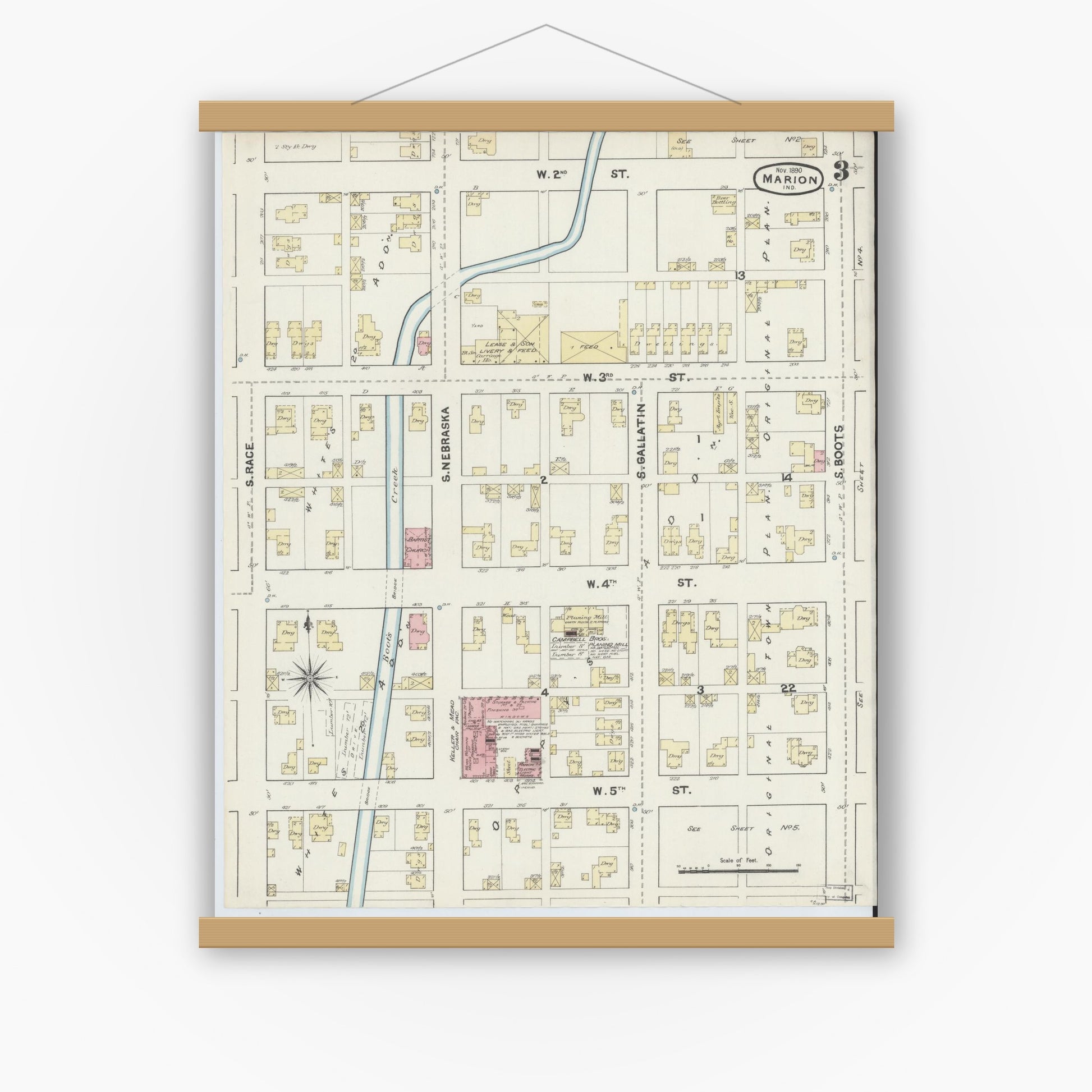 Old map wall art mockup — magnetic wood frame on white wall — Sanborn Fire Insurance Map from Marion, Grant County, Indiana (1890), Sheet #0003