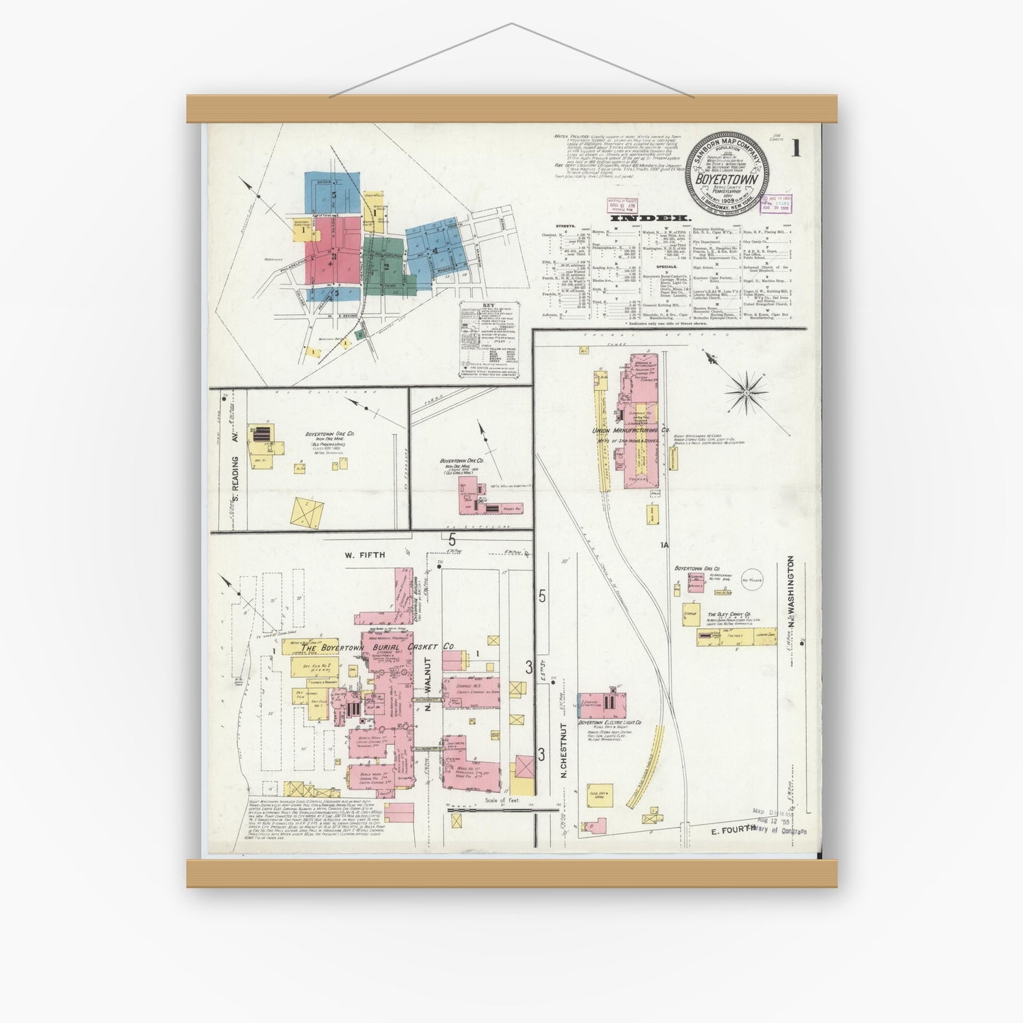 Old map wall art mockup — magnetic wood frame on white wall — Sanborn Fire Insurance Map from Boyertown, Berks County, Pennsylvania (1909) - Complete Map Set