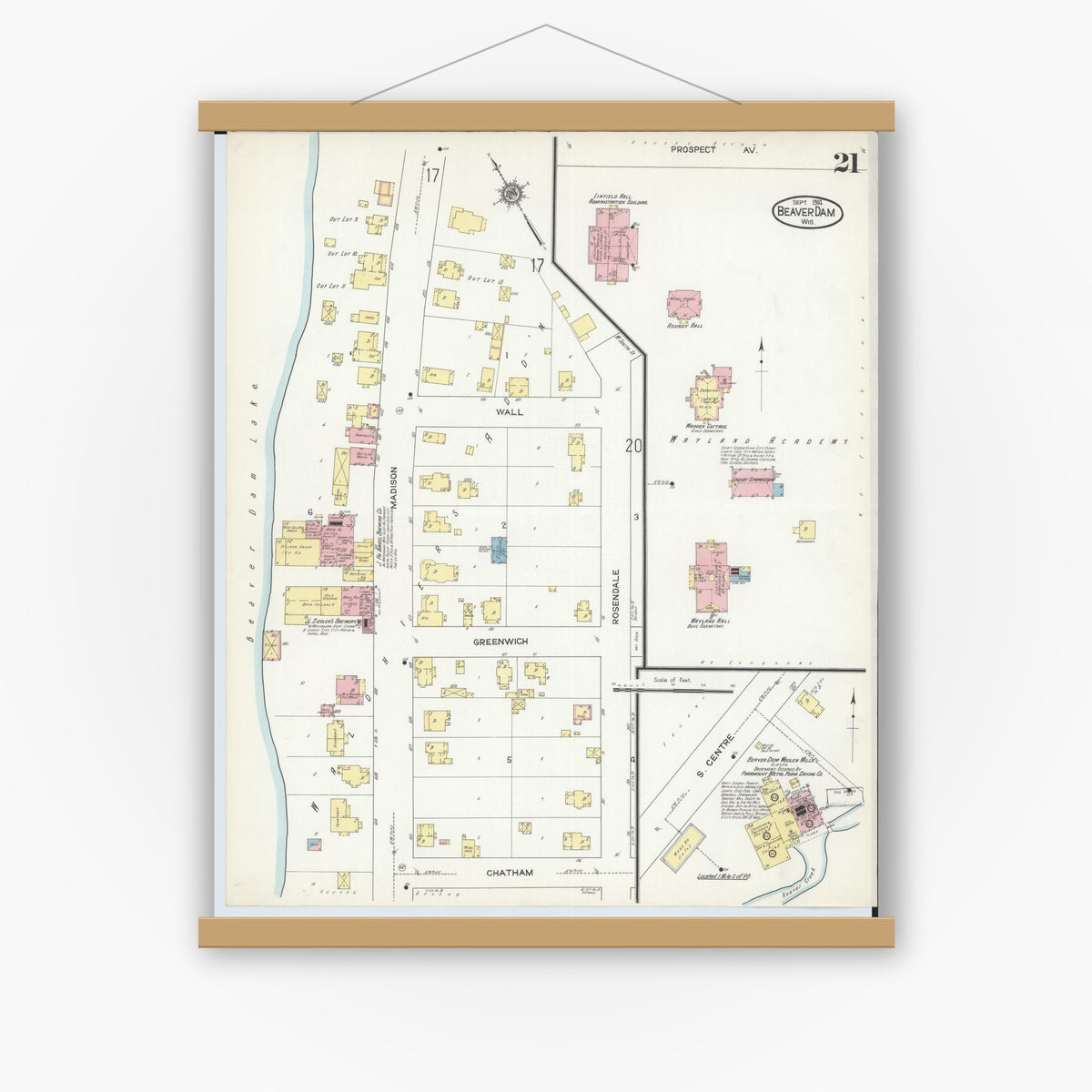 Old map wall art mockup — magnetic wood frame on white wall — Sanborn Fire Insurance Map from Beaver Dam, Dodge County, Wisconsin (1914), Sheet #0021