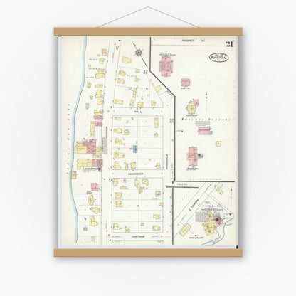 Old map wall art mockup — magnetic wood frame on white wall — Sanborn Fire Insurance Map from Beaver Dam, Dodge County, Wisconsin (1914), Sheet #0021