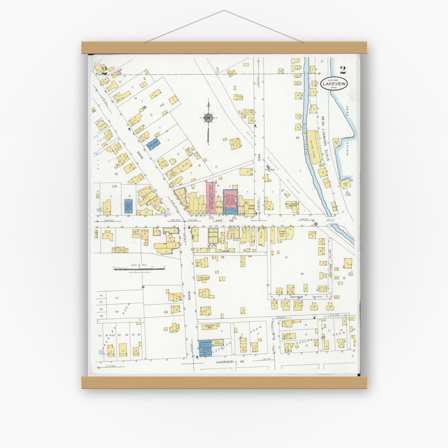 Old map wall art mockup — magnetic wood frame on white wall — Sanborn Fire Insurance Map from Lakeview, Logan County, Ohio (1929), Sheet #0002