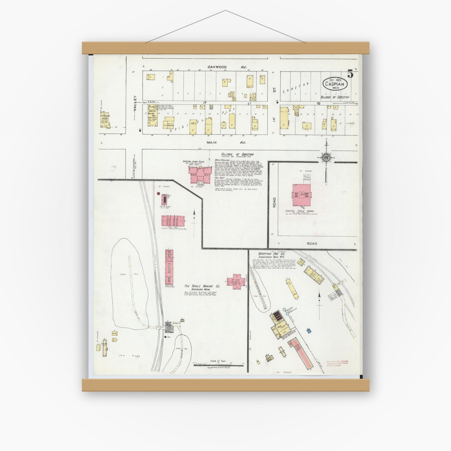 Old map wall art mockup — magnetic wood frame on white wall — Sanborn Fire Insurance Map from Caspian, Iron County, Michigan (1922), Sheet #0005