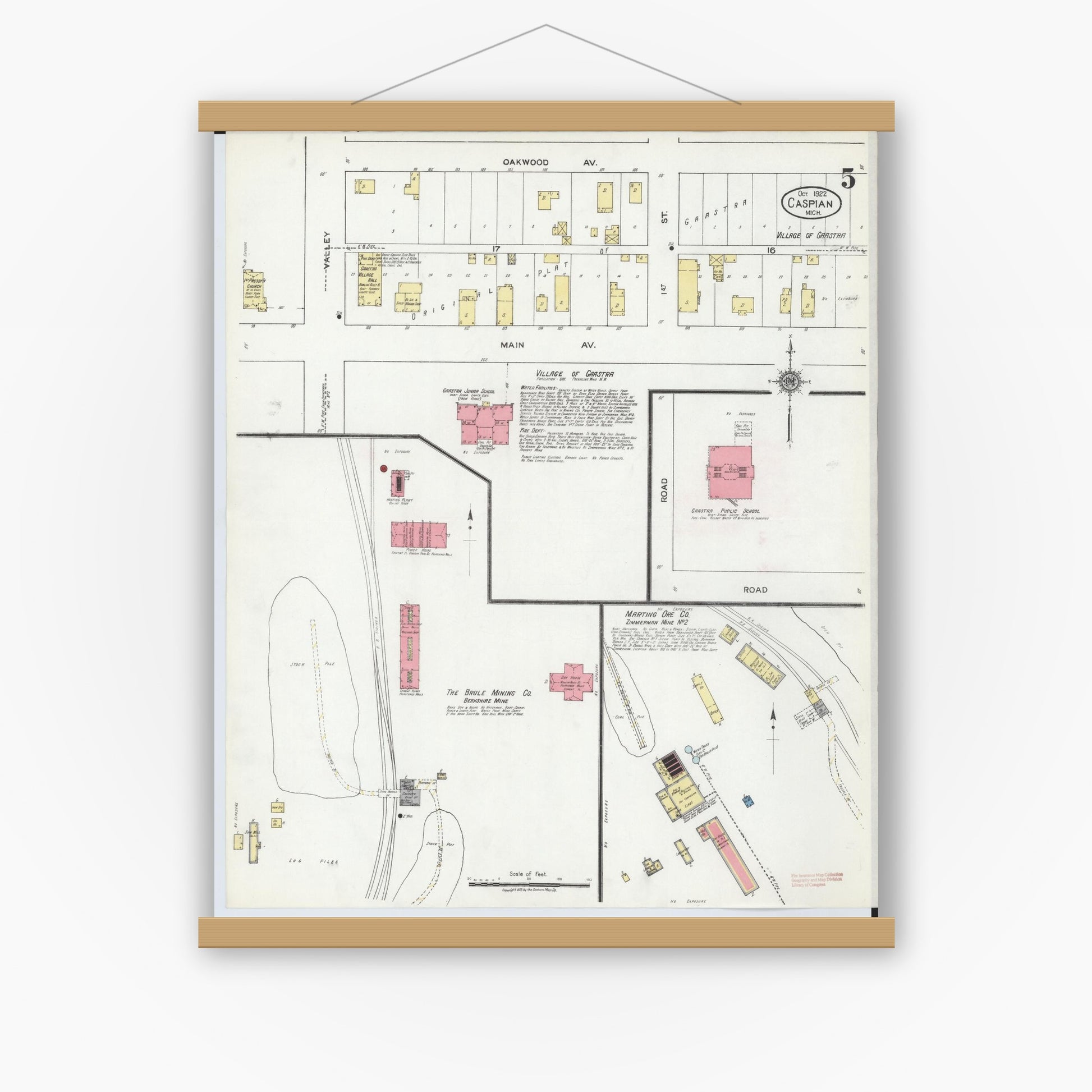 Old map wall art mockup — magnetic wood frame on white wall — Sanborn Fire Insurance Map from Caspian, Iron County, Michigan (1922), Sheet #0005