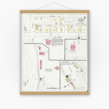 Old map wall art mockup — magnetic wood frame on white wall — Sanborn Fire Insurance Map from Caspian, Iron County, Michigan (1922), Sheet #0005