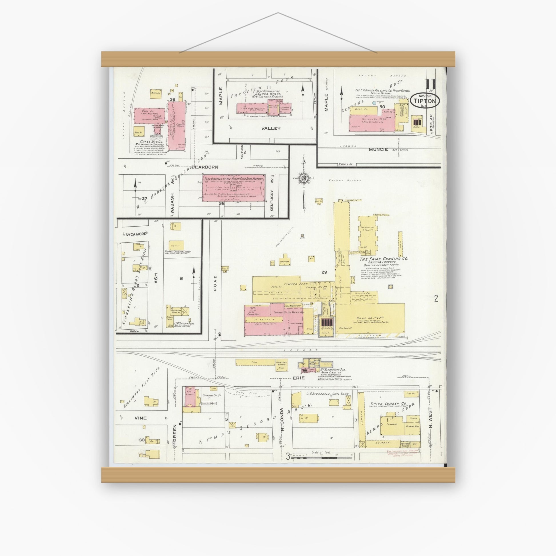 Old map wall art mockup — magnetic wood frame on white wall — Sanborn Fire Insurance Map from Tipton, Tipton County, Indiana (1915), Sheet #0011