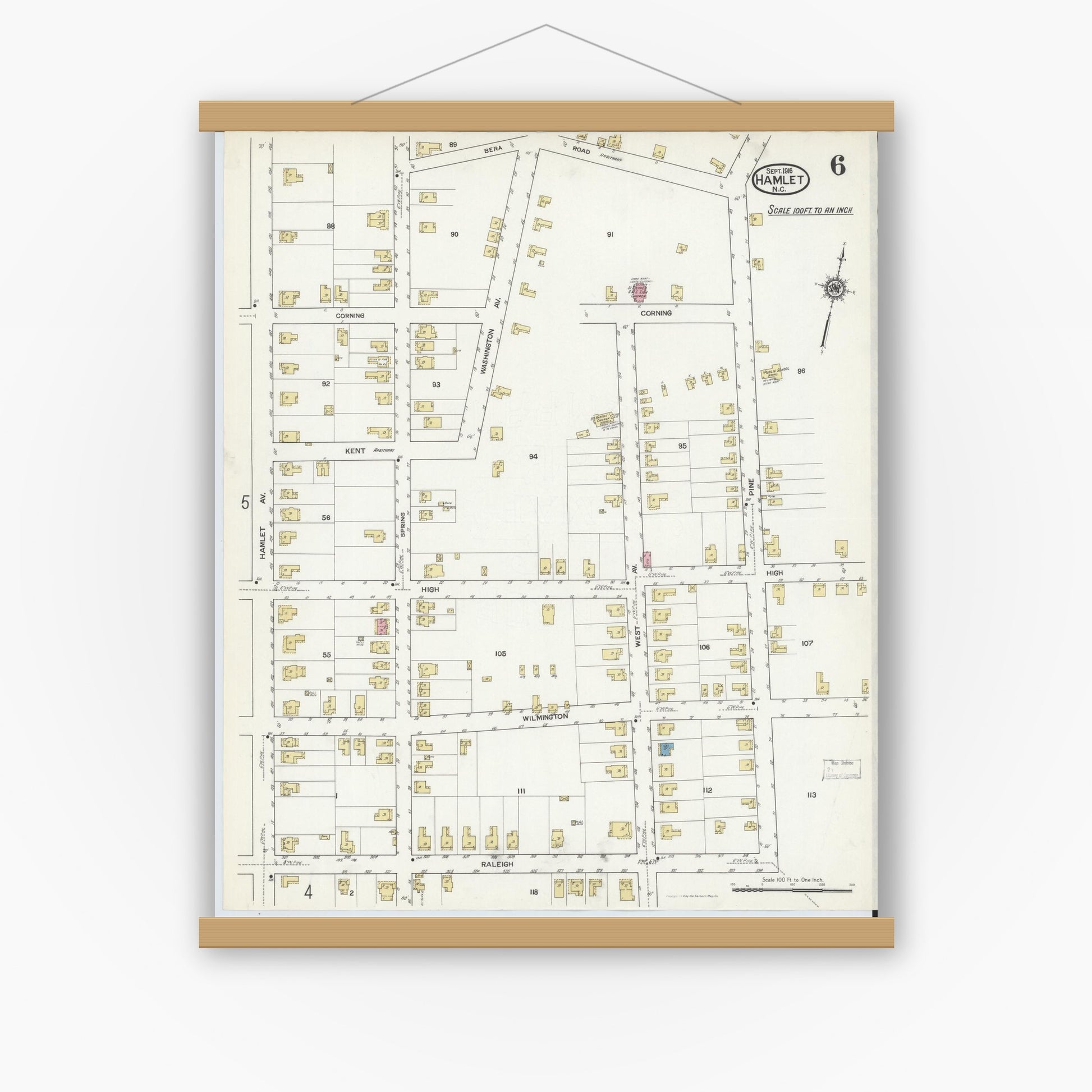 Old map wall art mockup — magnetic wood frame on white wall — Sanborn Fire Insurance Map from Hamlet, Richmond County, North Carolina (1916), Sheet #0006