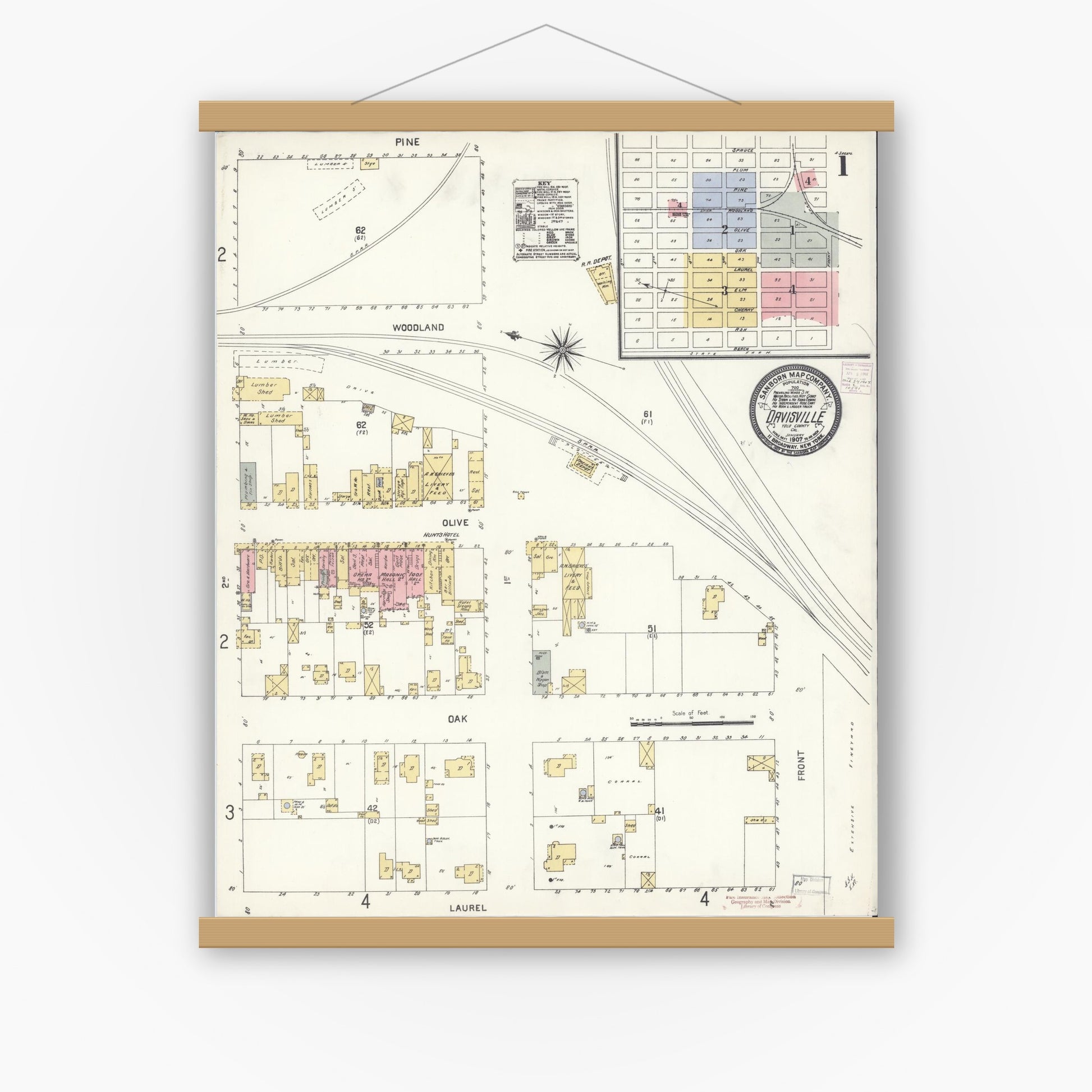 Old map wall art mockup — magnetic wood frame on white wall — Sanborn Fire Insurance Map from Davis, Yolo County, California (1907) - Complete Map Set