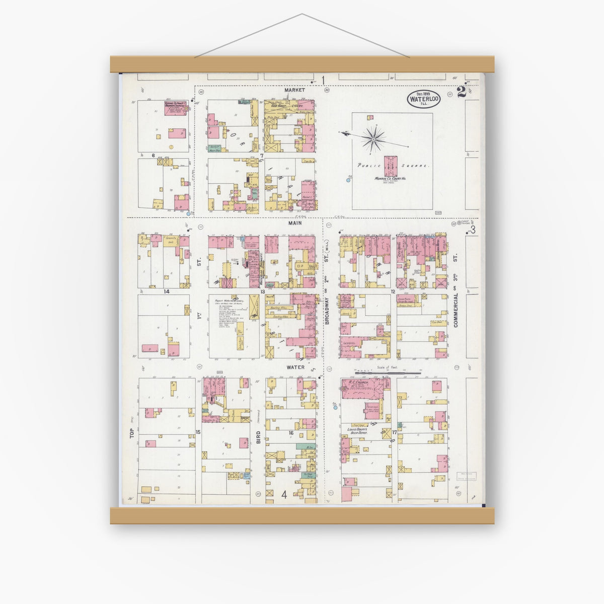 Old map wall art mockup — magnetic wood frame on white wall — Sanborn Fire Insurance Map from Waterloo, Monroe County, Illinois (1899), Sheet #0002