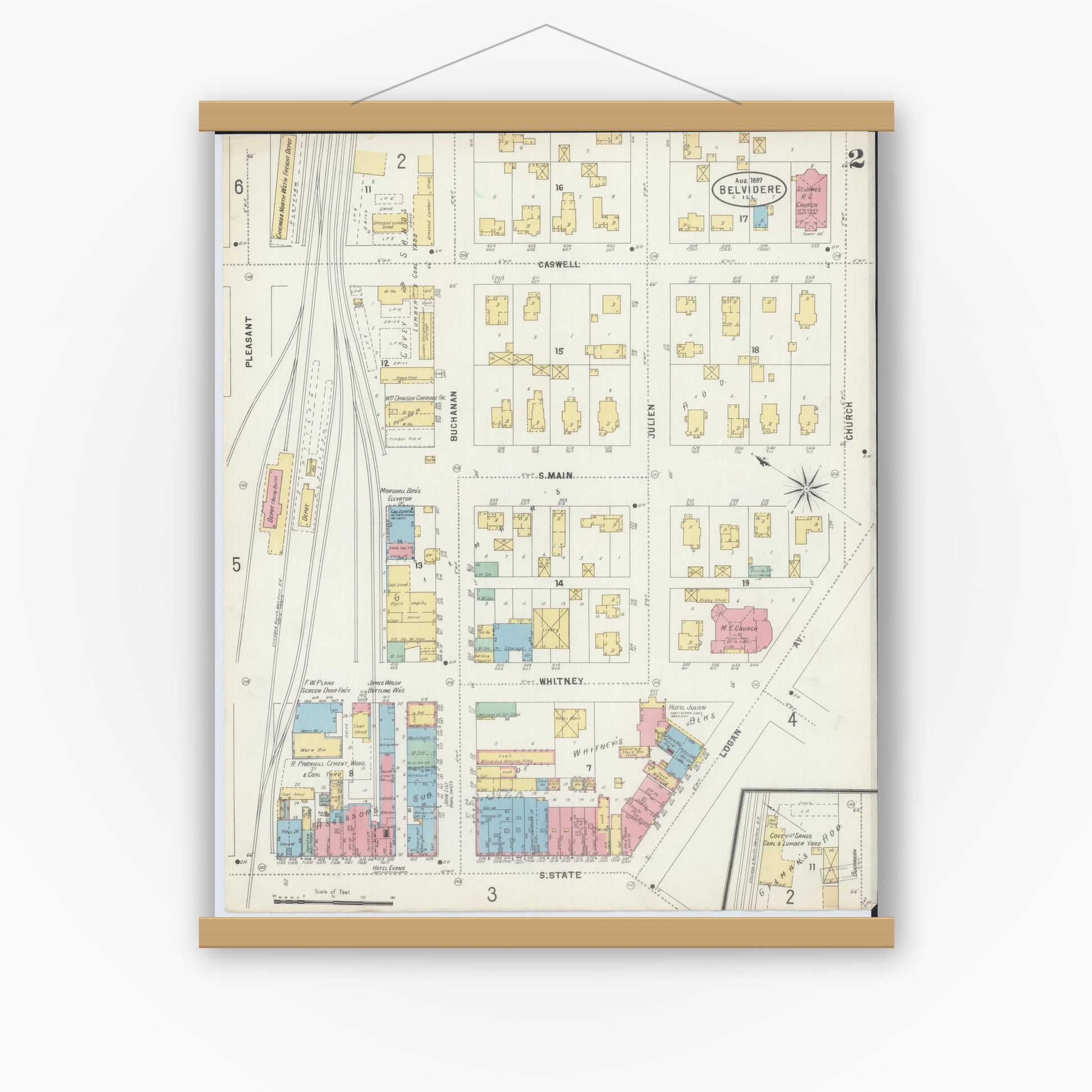 Old map wall art mockup — magnetic wood frame on white wall — Sanborn Fire Insurance Map from Belvidere, Boone County, Illinois (1897), Sheet #0002