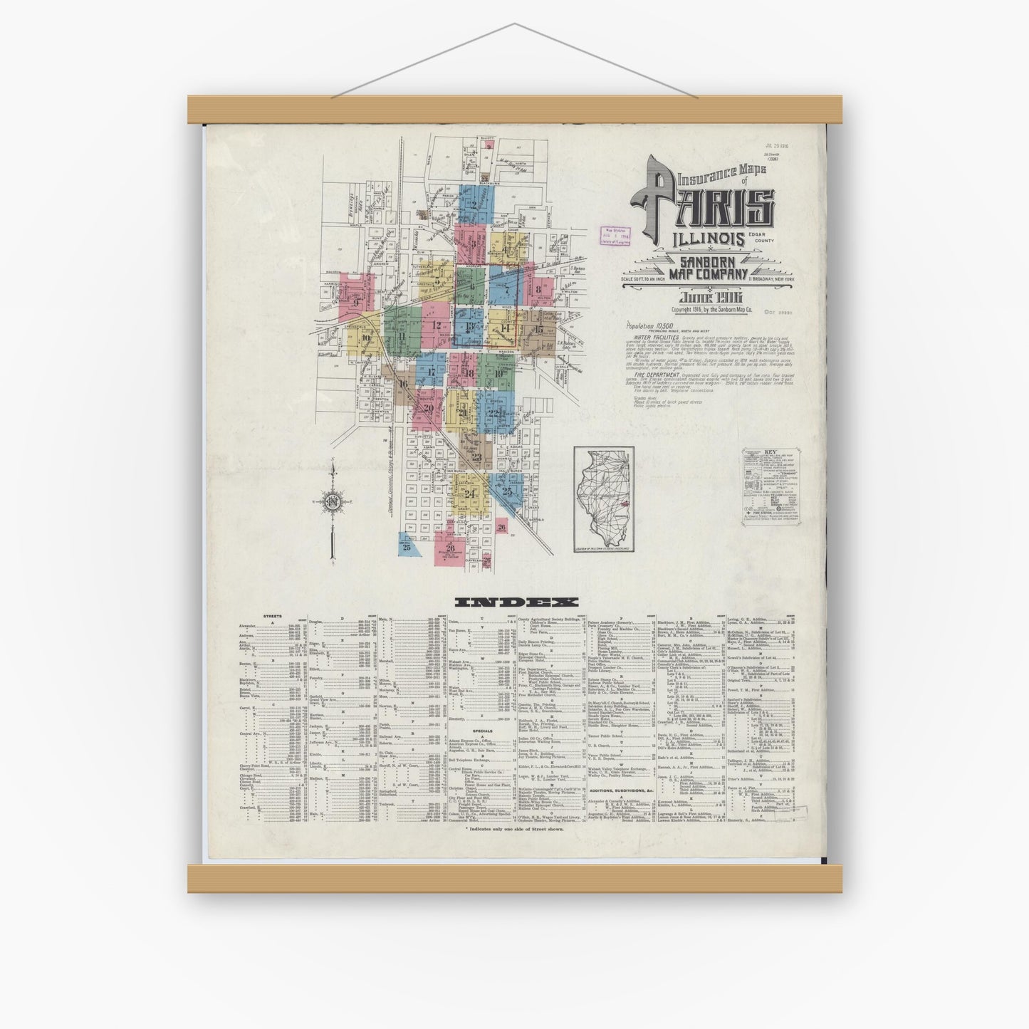 Old map wall art mockup — magnetic wood frame on white wall — Sanborn Fire Insurance Map from Paris, Edgar County, Illinois (1916), Sheet #0001