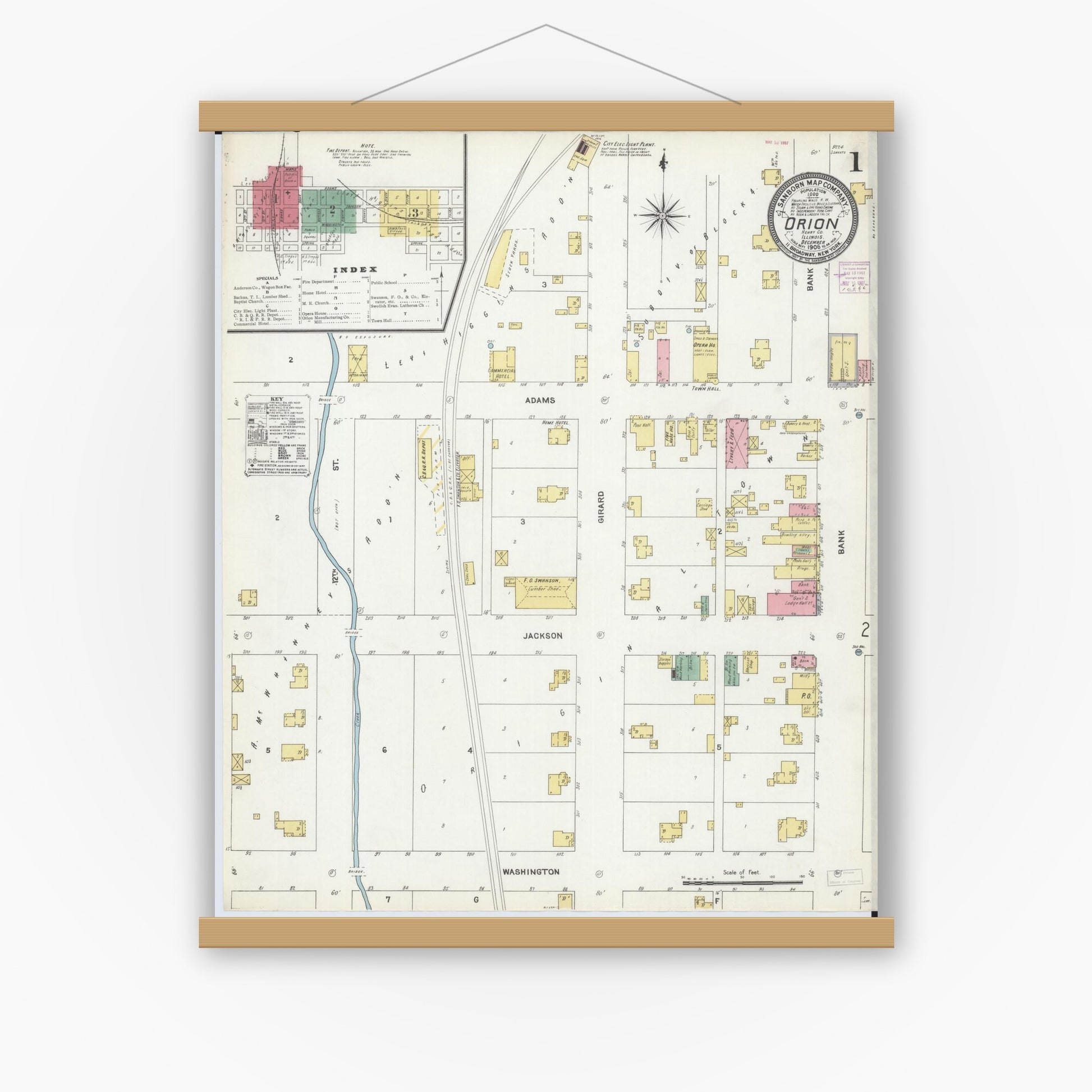 Old map wall art mockup — magnetic wood frame on white wall — Sanborn Fire Insurance Map from Orion, Henry County, Illinois (1906) - Complete Map Set