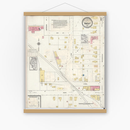 Old map wall art mockup — magnetic wood frame on white wall — Sanborn Fire Insurance Map from Huntley, McHenry County, Illinois (1936), Sheet #0001