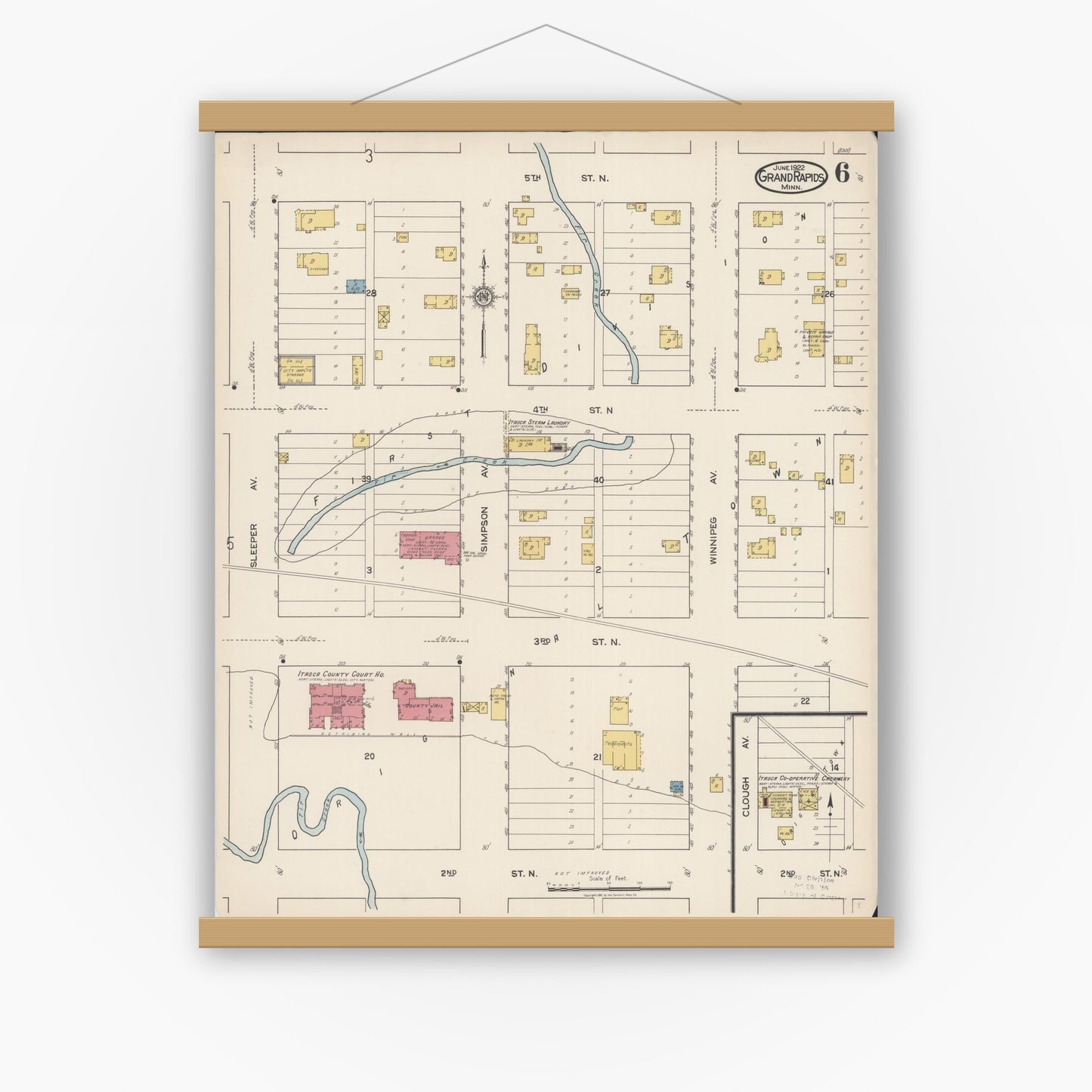 Old map wall art mockup — magnetic wood frame on white wall — Sanborn Fire Insurance Map from Grand Rapids, Itasca County, Minnesota (1922), Sheet #0006