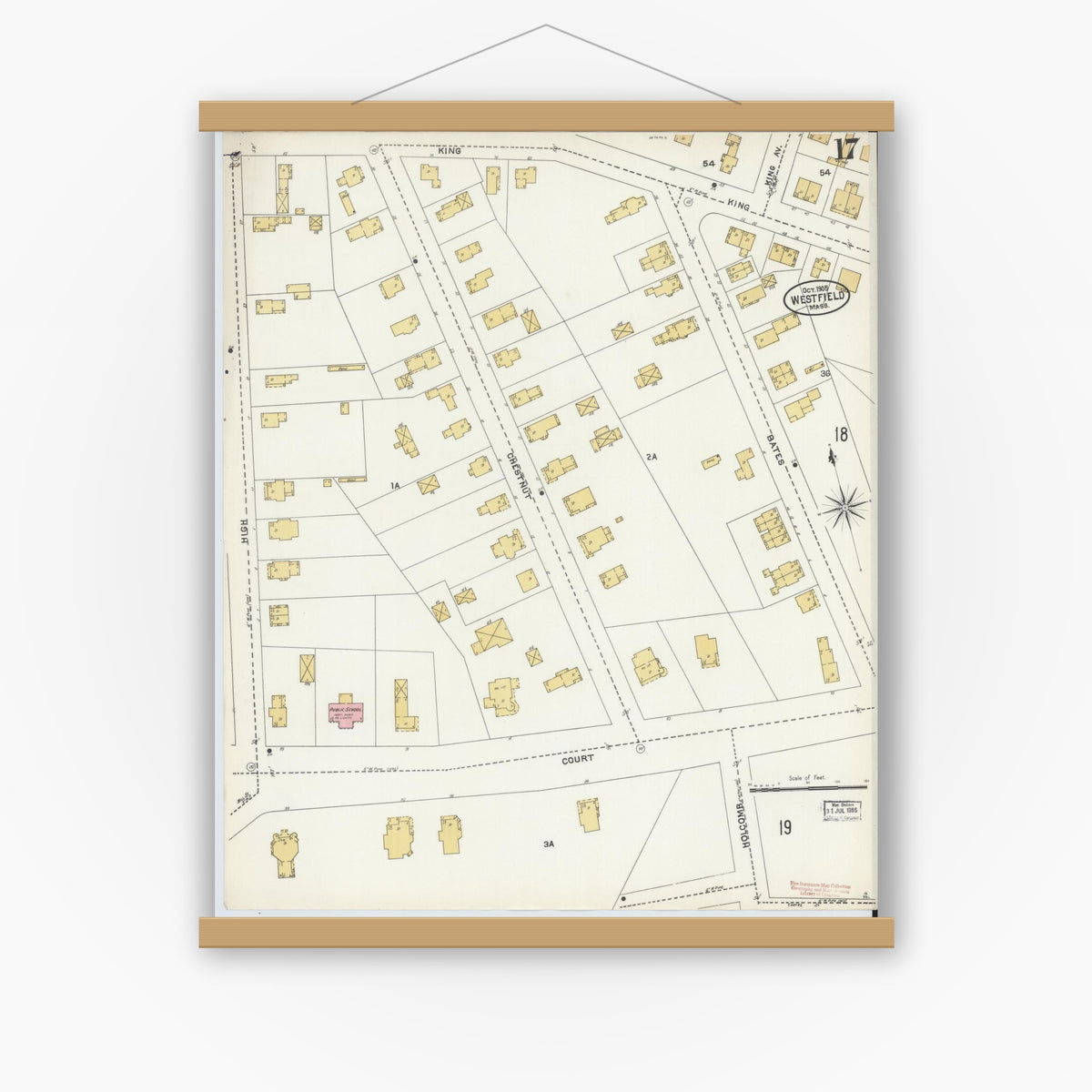 Old map wall art mockup — magnetic wood frame on white wall — Sanborn Fire Insurance Map from Westfield, Hampden County, Massachusetts (1905), Sheet #0017