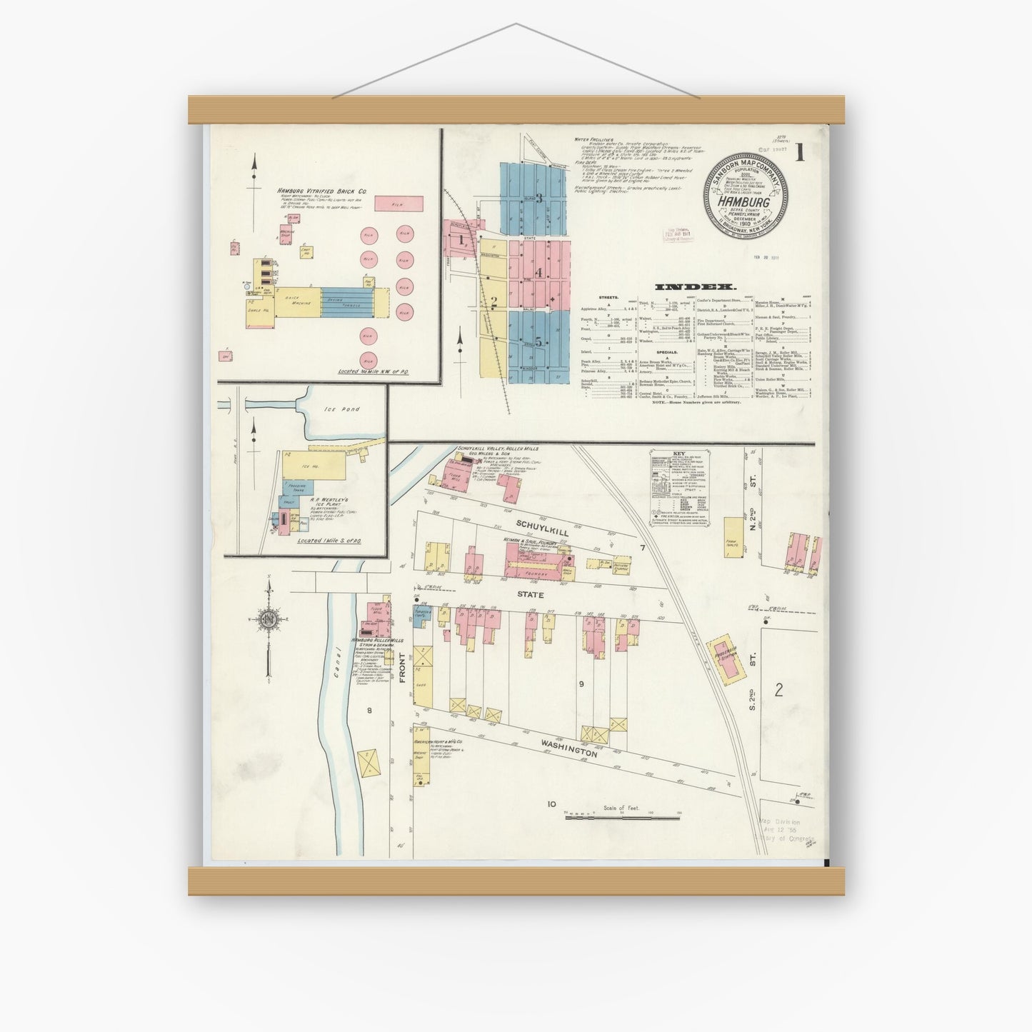 Old map wall art mockup — magnetic wood frame on white wall — Sanborn Fire Insurance Map from Hamburg, Berks County, Pennsylvania (1910), Sheet #0001