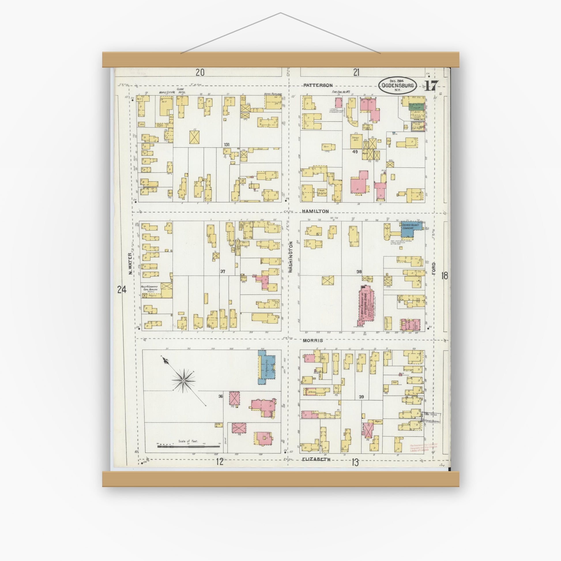Old map wall art mockup — magnetic wood frame on white wall — Sanborn Fire Insurance Map from Ogdensburg, St. Lawrence County, New York (1904), Sheet #0017