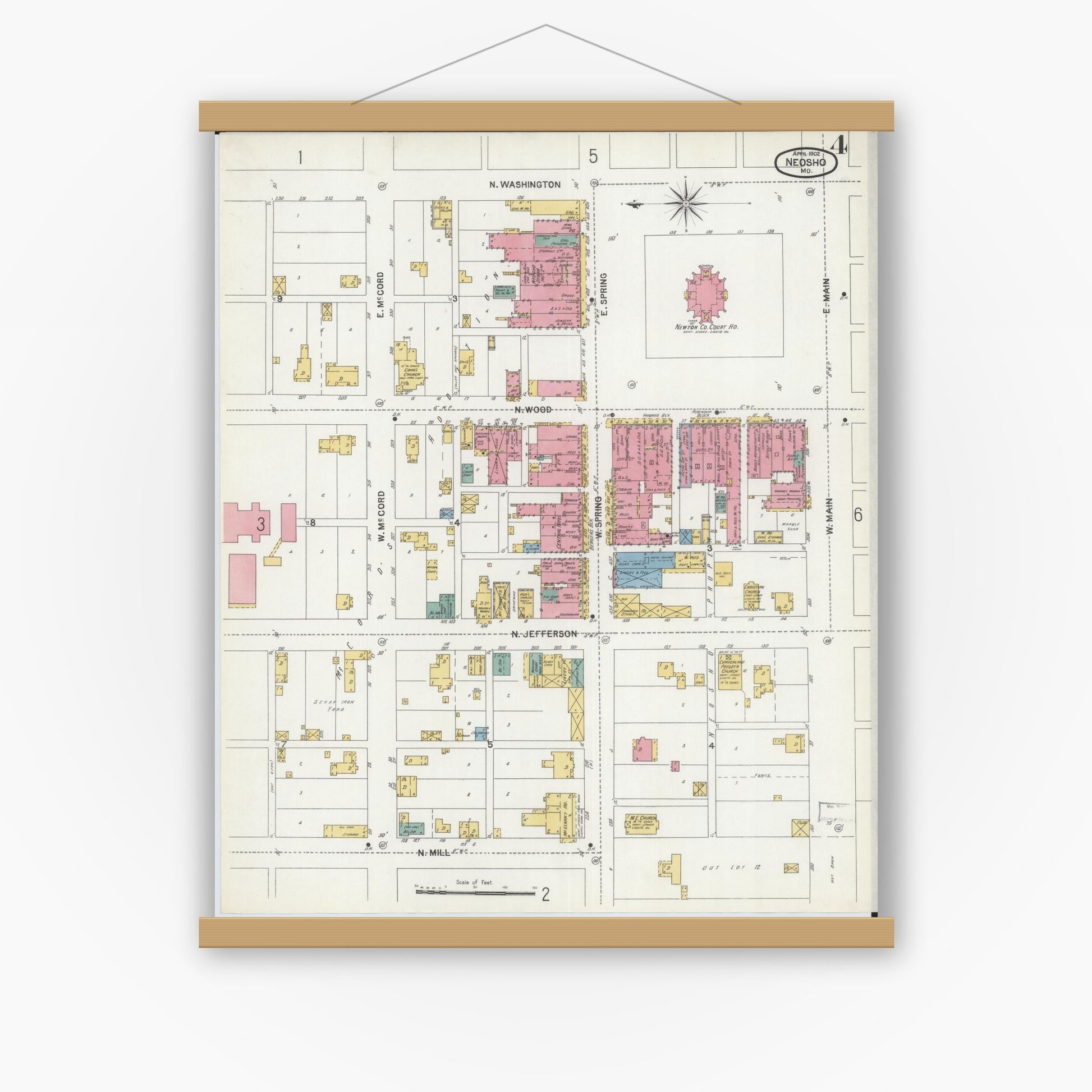 Old map wall art mockup — magnetic wood frame on white wall — Sanborn Fire Insurance Map from Neosho, Newton County, Missouri (1902), Sheet #0004