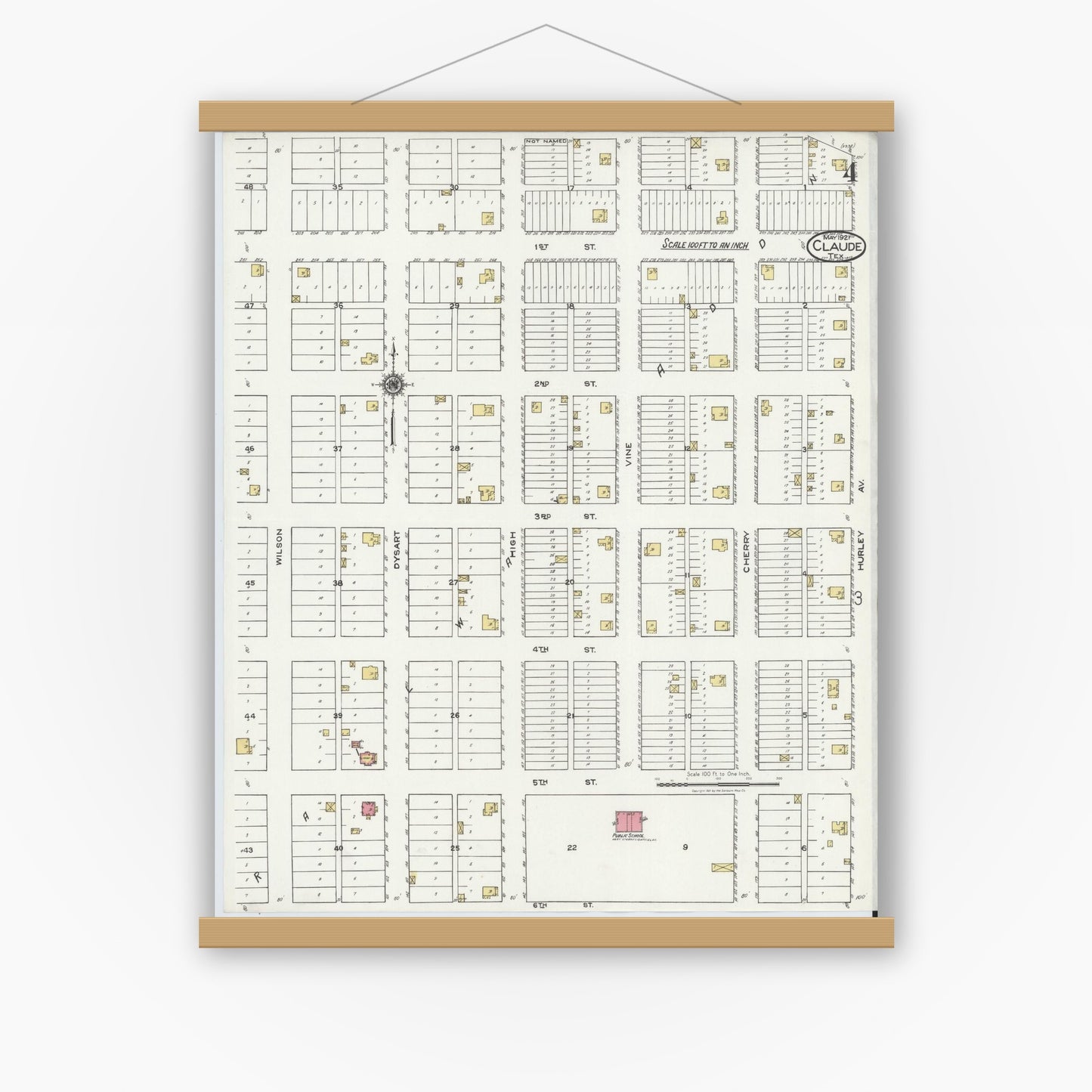 Old map wall art mockup — magnetic wood frame on white wall — Sanborn Fire Insurance Map from Claude, Armstrong County, Texas (1921), Sheet #0004