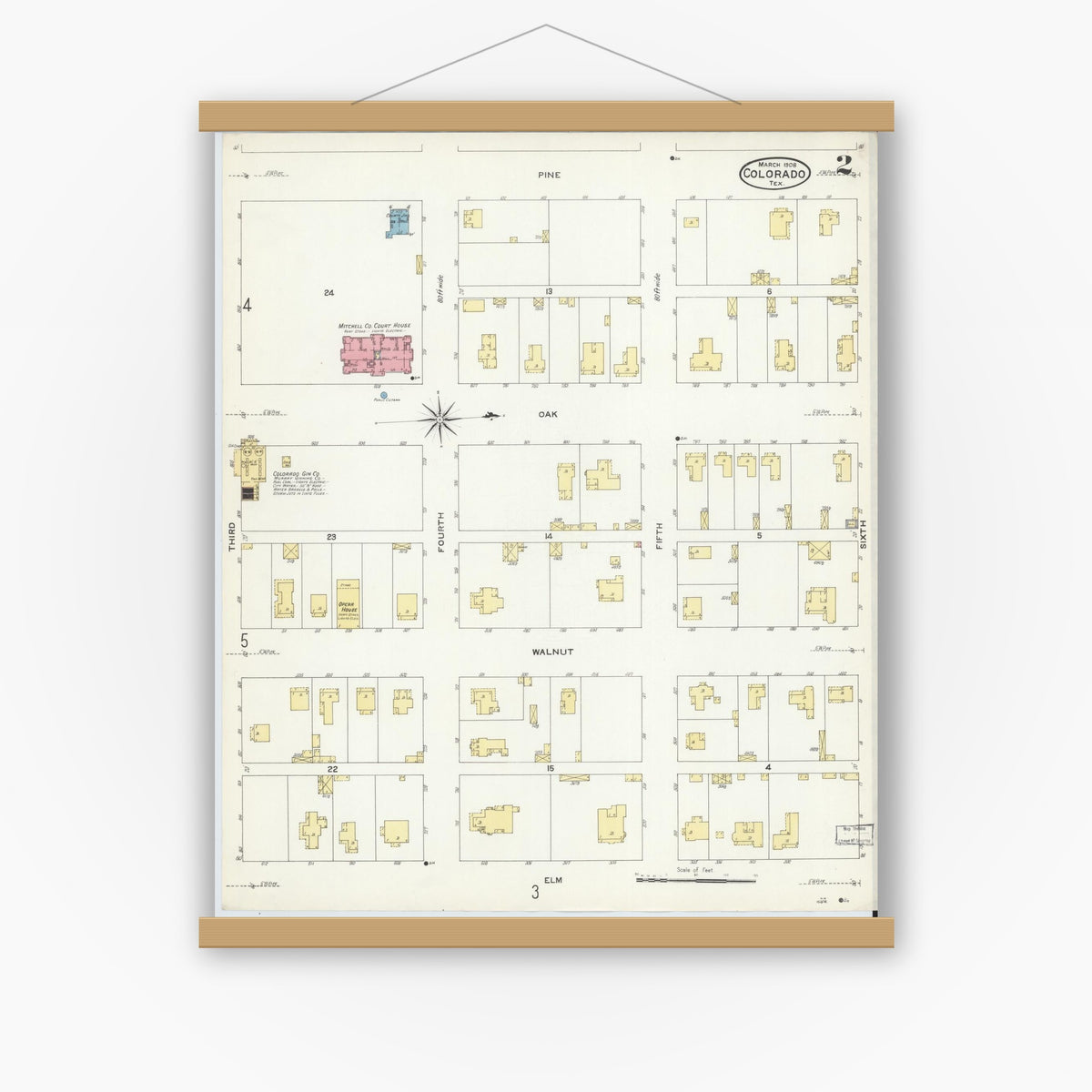 Old map wall art mockup — magnetic wood frame on white wall — Sanborn Fire Insurance Map from Colorado, Mitchell County, Texas (1908), Sheet #0002