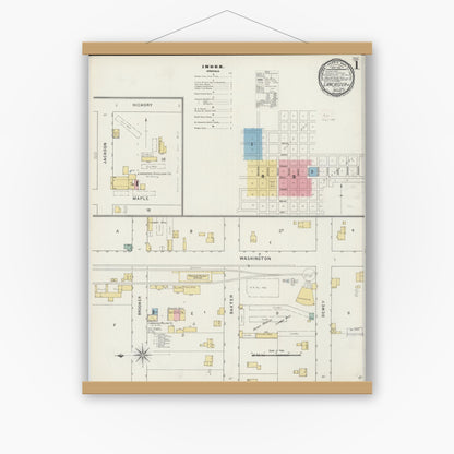 Old map wall art mockup — magnetic wood frame on white wall — Sanborn Fire Insurance Map from Lancaster, Grant County, Wisconsin (1894), Sheet #0001