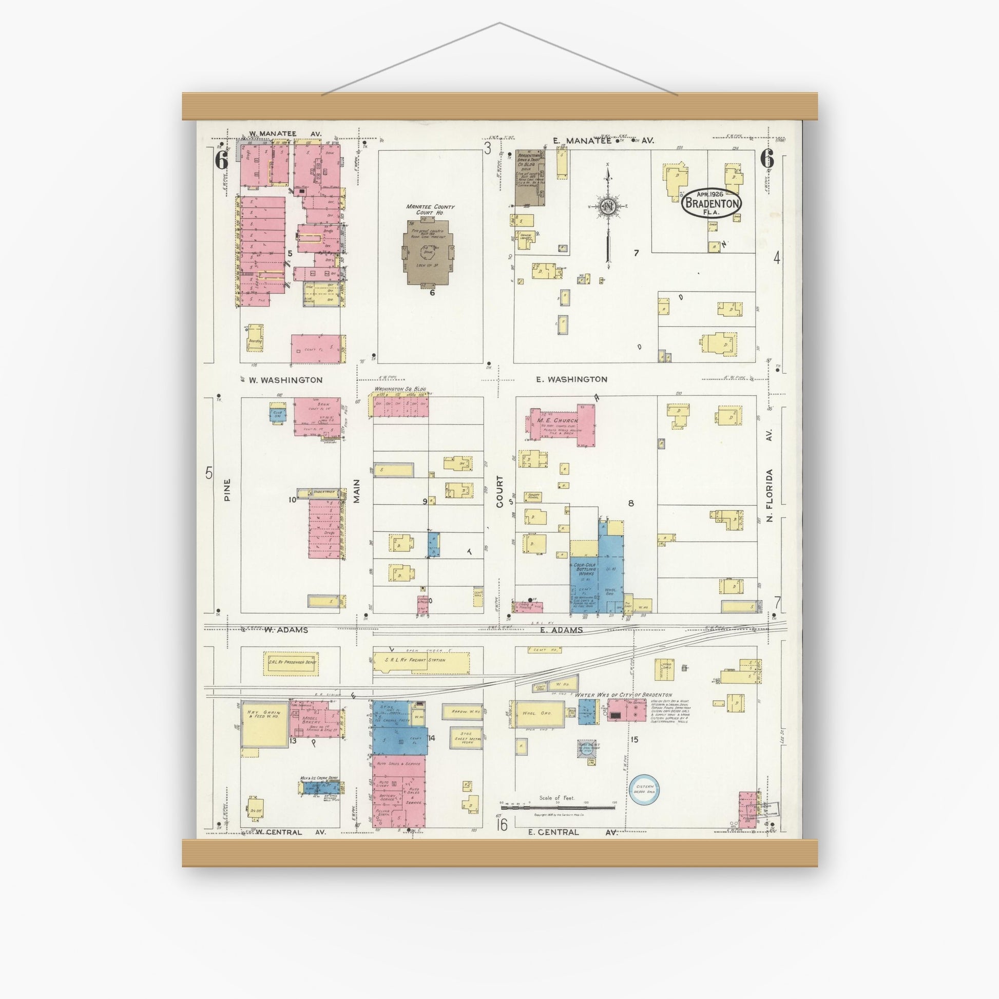 Old map wall art mockup — magnetic wood frame on white wall — Sanborn Fire Insurance Map from Bradentown, Manatee County, Florida (1926), Sheet #0006